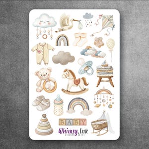 May include: A sticker sheet featuring watercolor illustrations of baby-themed items. Includes a stork carrying a baby, a teddy bear, a rocking horse, a crib, a rainbow, and the word "BABY" in wooden blocks. The text "Whimsy.Ink Sticker Sheet" is also present.