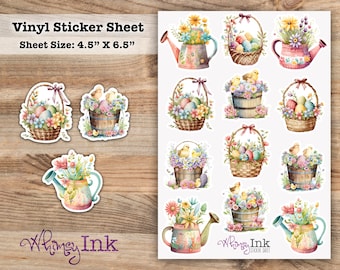May include: A sheet of vinyl stickers featuring 10 different Easter-themed designs. The designs include baskets filled with eggs, chicks, and flowers, as well as watering cans with flowers. The sheet measures 4.5 inches by 6.5 inches. "Vinyl Sticker Sheet" and "Whimsy Ink" are printed on the sheet.
