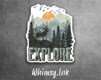 Explore Mountains Sticker | Forest Sunset Vinyl Decal (Waterproof)