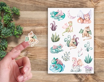 Feuille d'autocollants en vinyle avec dragons mignons, idéale pour les agendas, la tenue d'un journal, le scrapbooking, les Bullet Journals, etc.