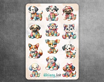 May include: A sticker sheet featuring eleven illustrated puppies with colorful patchwork patterns. Each dog has distinct features, including spots, bows, and hats. The bottom center includes the text Whimsy.Ink STICKER SHEET in a teal script font.