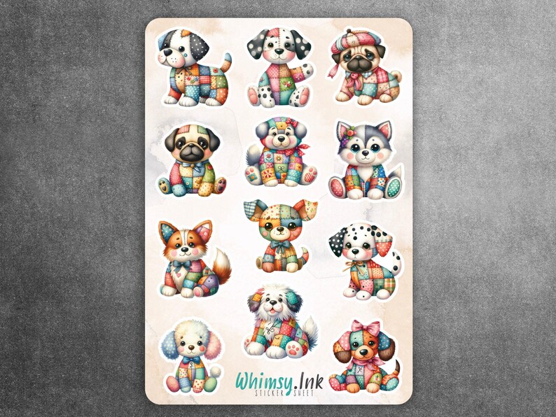 Cartela de adesivos de vinil com estampa de cachorros em patchwork. Ideal para planners, diários, scrapbooking, bullet journals, etc. imagem 1