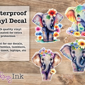 Calcomanía de vinilo impermeable con diseño de elefante floral para coche, ventana, portátil y vaso.