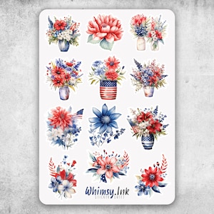 Feuille d'autocollants en vinyle floral du 4 juillet idéale pour les agendas, la tenue d'un journal, le scrapbooking, les Bullet Journals, etc.