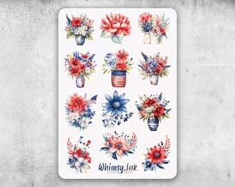 Floral 4th of July Vinyl Sticker Sheet Great for Planners, Journaling, Scrapbooking, Bullet Journals, Etc