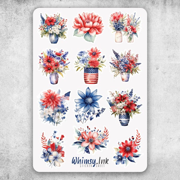 Floral 4th of July Vinyl Sticker Sheet Great for Planners, Journaling, Scrapbooking, Bullet Journals, Etc