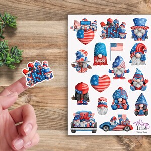 Feuille d'autocollants en vinyle Gnomes du 4 juillet, idéale pour les agendas, la tenue d'un journal, le scrapbooking, les Bullet Journals, etc.
