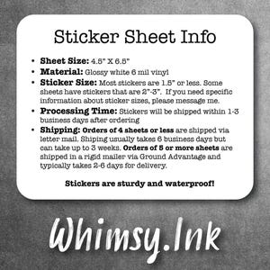 a white sticker with the words sticker sheet info
