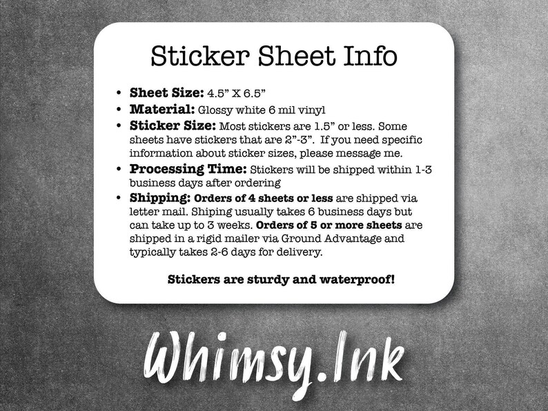 a white sticker with the words sticker sheet info
