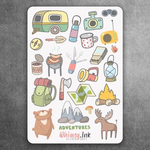 Bonita hoja de pegatinas de vinilo de camping, ideal para planificadores, diarios, álbumes de recortes, bullet journals, etc.