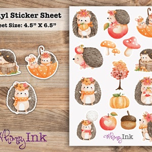 Autumn Hedgehogs Vinyl Sticker sheet | Great for Planners, Journaling, Scrapbooking, Bullet Journals, Etc