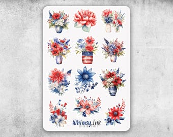 Floral 4. Juli Vinyl Sticker Bogen Ideal für Planer, Journaling, Scrapbooking, Bullet Journals, Etc