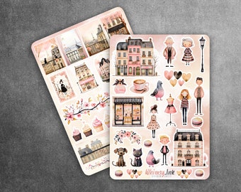 May include: A set of 24 pink and white Paris-themed stickers featuring buildings, flowers, birds, hearts, cupcakes, and a dog. The stickers are on a white background and have a whimsical, hand-painted style. The text "Whimsy.Ink" is printed on the bottom right corner of the sticker sheet.