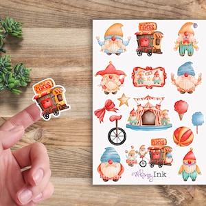 Hoja de pegatinas de vinilo de gnomos de circo. Ideal para planificadores, diarios, álbumes de recortes, bullet journals, etc.