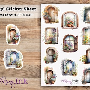 May include: A vinyl sticker sheet measuring 4.5 inches by 6.5 inches featuring multiple watercolor-style illustrations of arched wooden doors and open windows adorned with potted flowers and climbing greenery, labeled with the text Whimsy Ink.