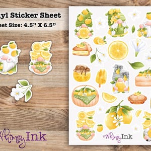 May include: A vinyl sticker sheet measuring 4.5 inches by 6.5 inches featuring various lemon-themed illustrations including gnomes, lemon slices, pies, jars, and blossoms. The sheet includes the text Vinyl Sticker Sheet and Whimsy Ink.