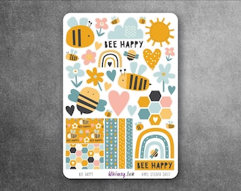 Bee Happy Sticker Sheet | Bumble Bee, Floral, Spring Journal Decals (Vinyl)