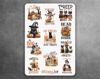 Op de afbeelding: Een stickervel met diverse Halloween-illustraties, waaronder zwarte katten, pompoenen, kinderen in kostuums en skeletten. De tekst bevat zinnen zoals Tis The Season To Be Spooky, Creep It Real en Whimsy.Ink Sticker Sweet.