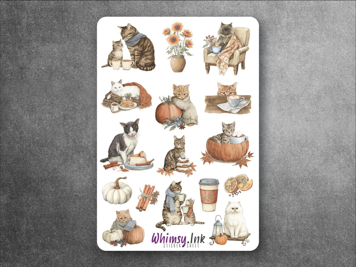 Cozy Autumn Cat Sticker Sheet – Fall Pumpkin & Coffee Cat Stickers ...
