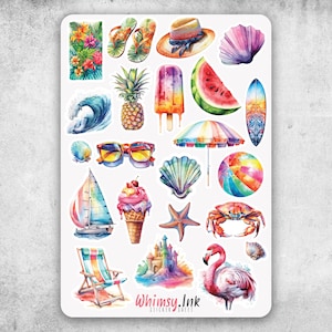 Hoja de pegatinas de vinilo con temática de vacaciones en la playa, ideal para planificadores, diarios, álbumes de recortes, bullet journals, etc.