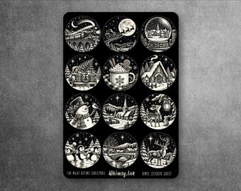 The Night Before Christmas Stickers | Vintage Black & White Christmas Sticker Sheet | Christmas Eve Planner  Journal Stickers