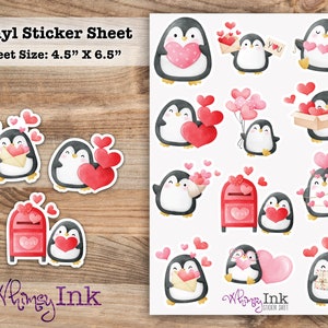 Hoja de pegatinas de vinilo con corazones de pingüino para San Valentín, ideal para planificadores, diarios, álbumes de recortes, bullet journals, etc.