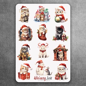 Feuille d'autocollants en vinyle pour chats de Noël | Idéal pour les agendas, la tenue d'un journal, le scrapbooking, les Bullet Journals, etc.