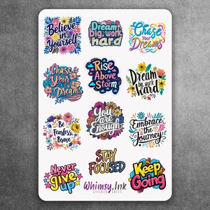 Feuille d'autocollants citations motivantes | Idéal pour les agendas, la tenue d'un journal, le scrapbooking, les Bullet Journals, etc.