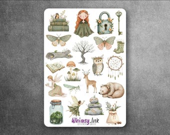 May include: A sticker sheet featuring various watercolor illustrations including a fairy, an owl, a deer, a bear, mushrooms, a moth, a butterfly, a tree, a stack of books, a lock, a key, a jar, and the text Whimsy.Ink sticker sheet.