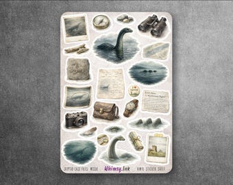 Cryptid Case Files: Nessie Vinyl Sticker Sheet | Loch Ness Monster Vintage Watercolor Stickers | Folklore Planner & Journal Decals