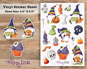 Hoja de pegatinas de vinilo de gnomos de Halloween con truco o trato, ideal para planificadores, diarios, álbumes de recortes, bullet journals, etc.