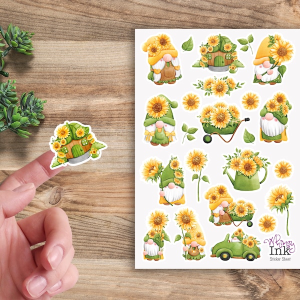 Sunflower Gnomes II Vinyl Sticker Sheet Great for Planners, Journaling, Scrapbooking, Bullet Journals, Etc