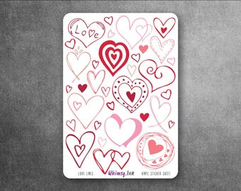 Love Lines Heart Sticker Sheet, Valentine Heart Stickers, Hand Drawn Hearts, Red Pink Stickers, Love Planner Stickers, Journal Stickers
