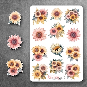 Feuille d'autocollants en vinyle jaune et rose tournesols idéale pour les agendas, la tenue d'un journal, le scrapbooking, les Bullet Journals, etc.