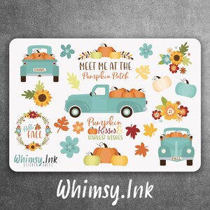 May include: A sticker sheet with a fall theme featuring a blue truck with pumpkins, a wreath with the words "Hello Fall", and the text "Meet Me At The Pumpkin Patch".