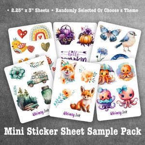May include: A sample pack of mini sticker sheets featuring various designs, including a fox, an octopus, a van, a bird, a pumpkin, a rainbow, and a heart. The stickers are 2.25 inches by 3 inches and are printed on high-quality paper.