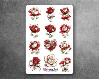 Crimson & Cream Rose Garden | Romantic Floral Sticker Sheet | Valentines Day Roses