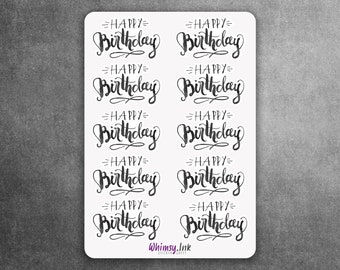 Hoja de pegatinas negras con frases de feliz cumpleaños, ideal para tarjetas de felicitación, planificadores, diarios, álbumes de recortes, bullet journals, etc.