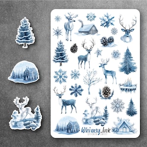 Feuille d'autocollants en vinyle rennes et flocons de neige idéale pour les agendas, la tenue d'un journal, le scrapbooking, les Bullet Journals, etc.
