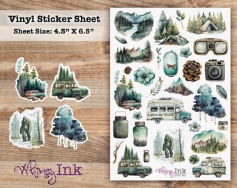 May include: A vinyl sticker sheet measuring 4.5 inches by 6.5 inches featuring watercolor illustrations of nature, including mountains, forests, pine trees, a Bigfoot, vintage camper vans, a camera, binoculars, glass jars, and pinecones.