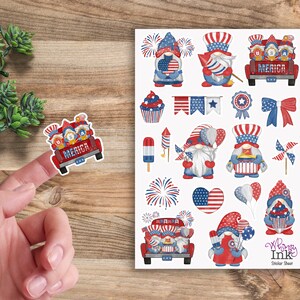 Hoja de pegatinas de vinilo de gnomos del 4 de julio de América, ideal para planificadores, diarios, álbumes de recortes, bullet journals, etc.