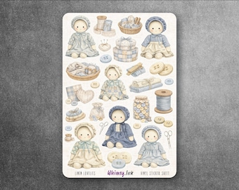 Linen Lovelies | Heirloom Cloth Doll & Sewing Notions Vinyl Sticker Sheet | Cottagecore Planner Stickers