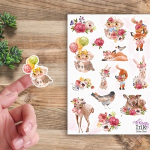 Feuille d'autocollants en vinyle aquarelle animaux de la forêt, idéale pour les agendas, la tenue d'un journal, le scrapbooking, les Bullet Journals, etc.