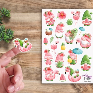 Flamingo Summer Gnomes Gnomes Vinyl Sticker Sheet Great for Planners, Journaling, Scrapbooking, Bullet Journals, Etc