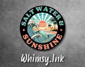 Salt Water Sunshine Sticker | Beach Vinyl Decal, Ocean Sunset Wave Laptop Car Decal