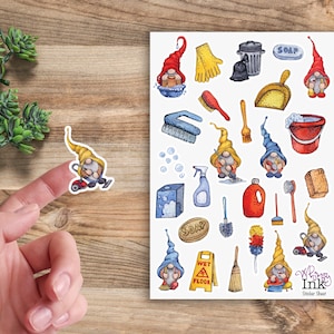 Stickers gnomes nettoyeurs | Feuille d'autocollants en vinyle idéale pour les agendas, la tenue d'un journal, le scrapbooking, les Bullet Journals, etc.