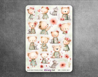 Wildflower Meadow Bears Sticker Sheet | Cottagecore Bear Stickers | Watercolor Woodland Animals | Planner Stickers | Journal Stickers