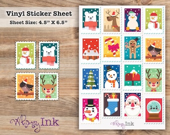 May include: A vinyl sticker sheet measuring 4.5 inches by 6.5 inches featuring various Christmas-themed illustrations including snowmen, reindeer, Santa Claus, a gingerbread man, a candy cane, and a stocking, with the text Whimsy Ink.