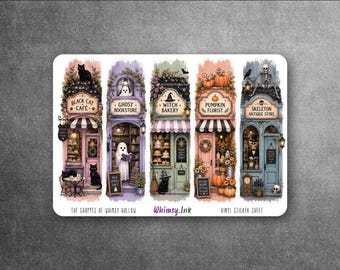 The Shoppes of Whimsy Hollow | Halloween Storefront Sticker Sheet | Cozy Halloween Stickers | Witch Cottage | Waterproof Vinyl Decals