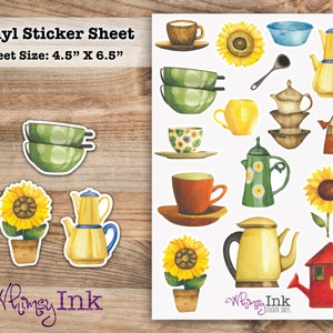 Sunflower Tea Party Sticker Sheet Great for Planners, Journaling, Scrapbooking, Bullet Journals, Etc